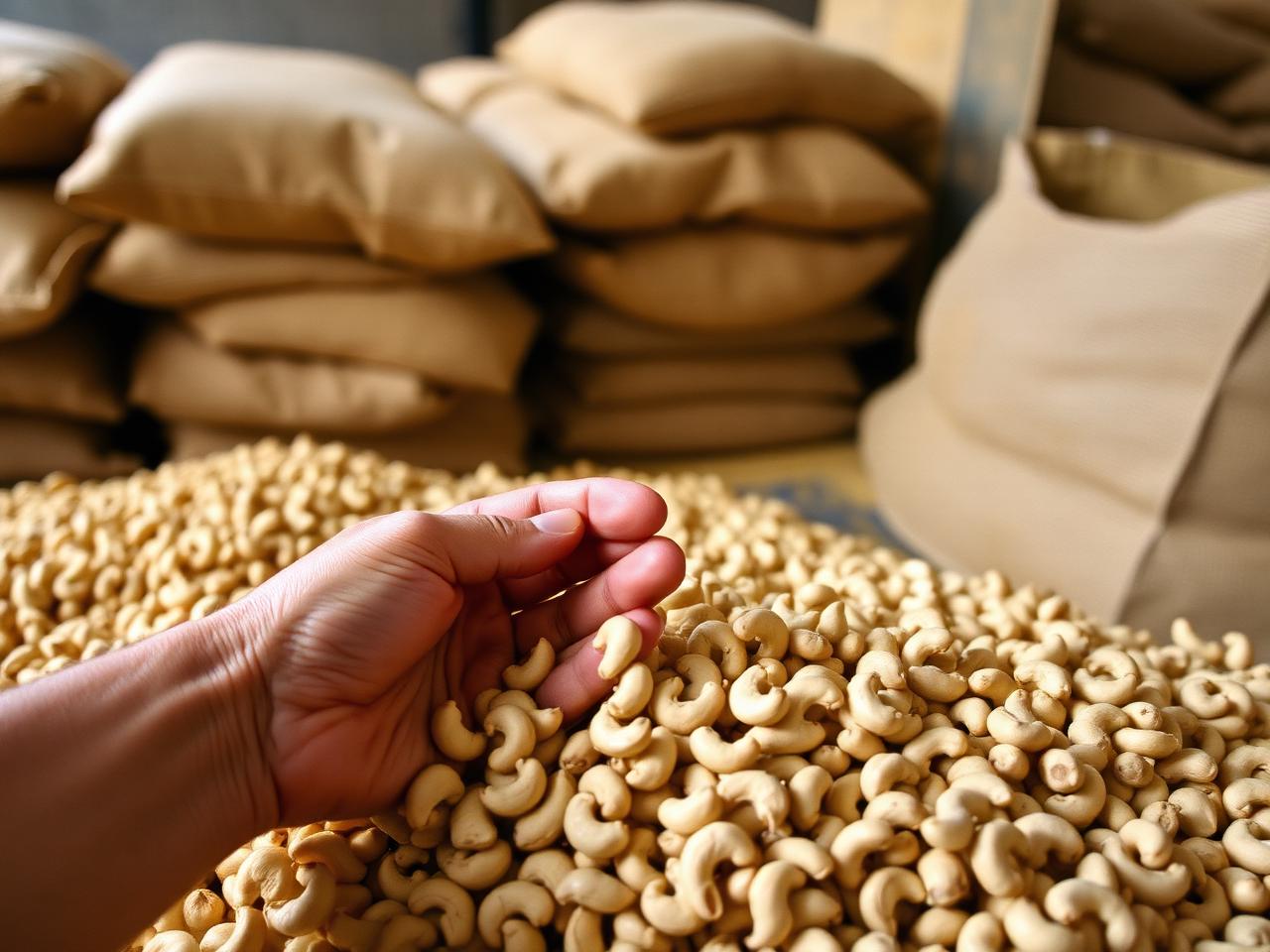 Hands inspecting raw cashew nuts at origin