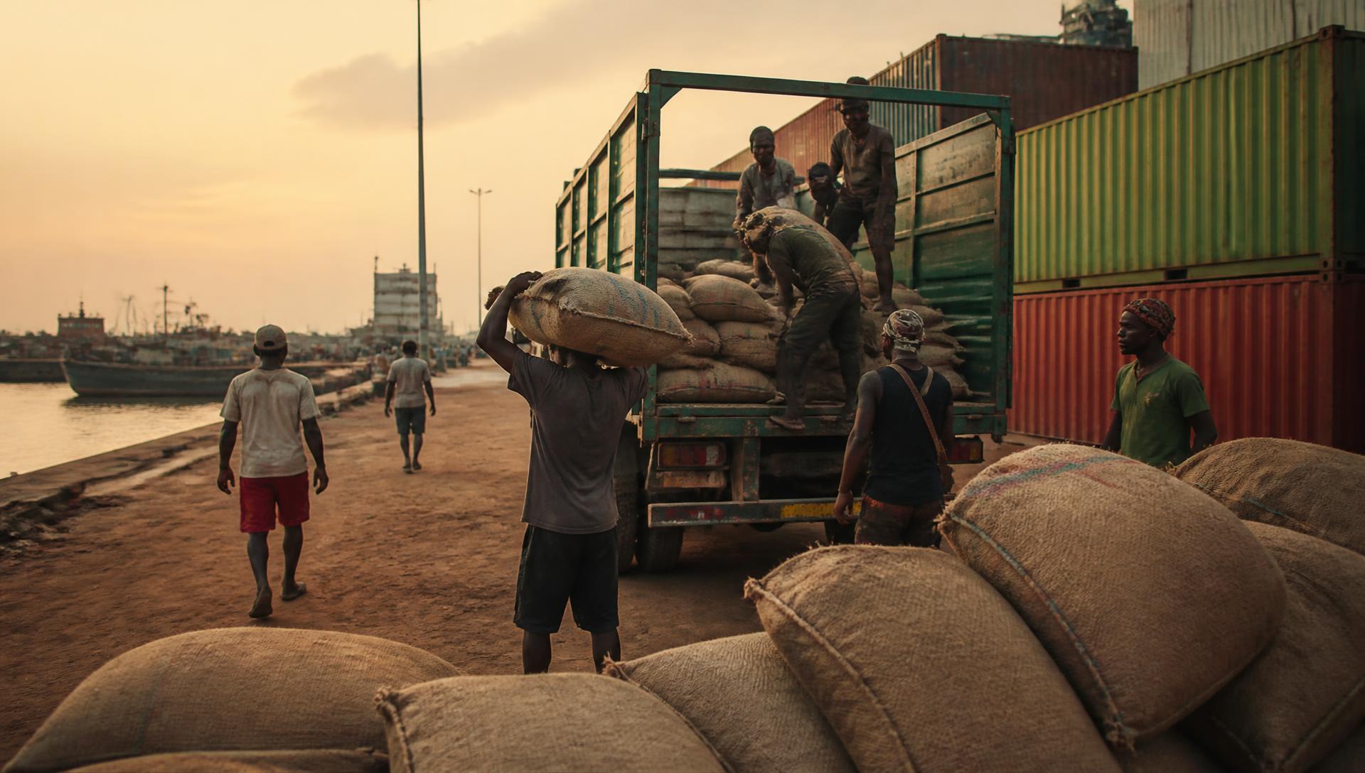 Workers loading bags of agricultural commodities at a West African port